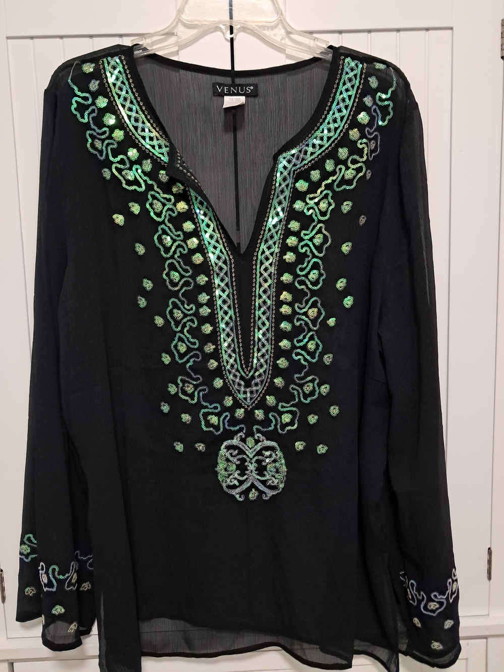 VENUS Black Sheer Tunic/Swimsuit Coverup with Green Embroidery & Beads XL Boho